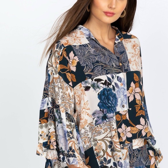 Johnny Was Tops - Johnny Was 100% Silk Floral Paisley Patchwork Bell Sleeve Blouse Top Navy L